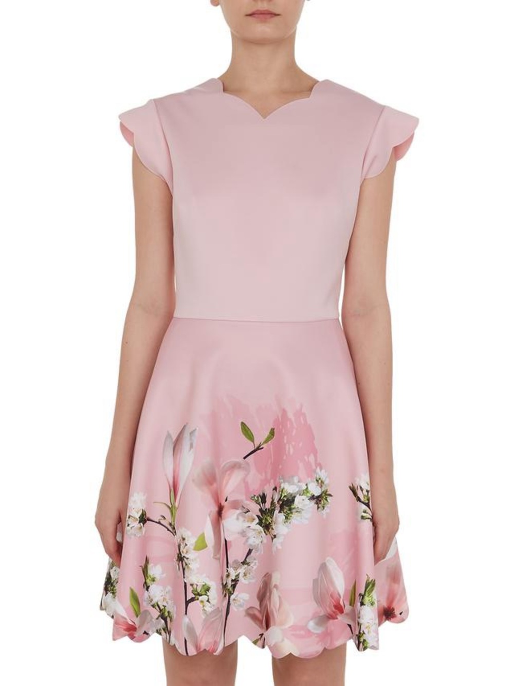 Ted Baker Pale Pink Floral Scallop-Hem Fit & Flare Dress